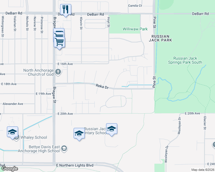 map of restaurants, bars, coffee shops, grocery stores, and more near 4276 Reka Drive in Anchorage