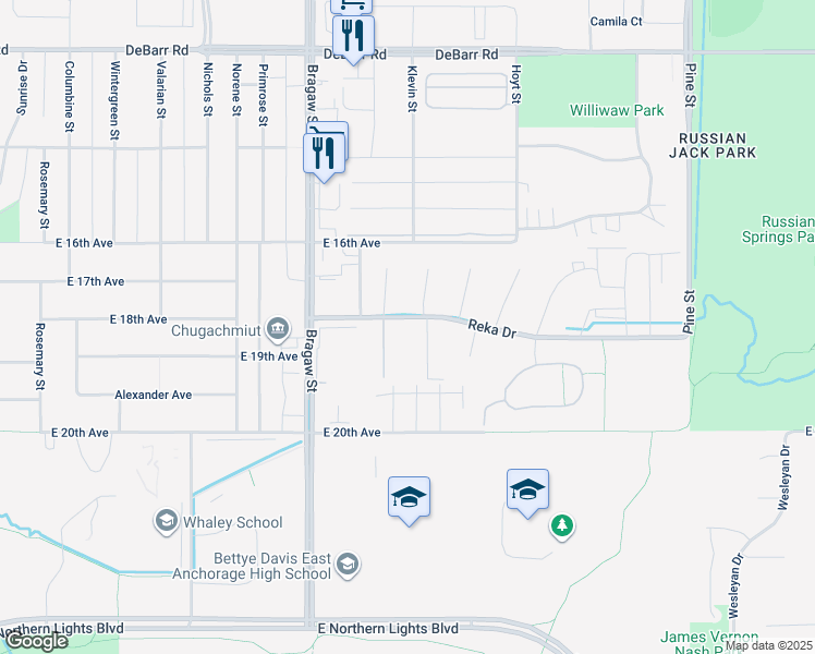 map of restaurants, bars, coffee shops, grocery stores, and more near 4008 Reka Drive in Anchorage