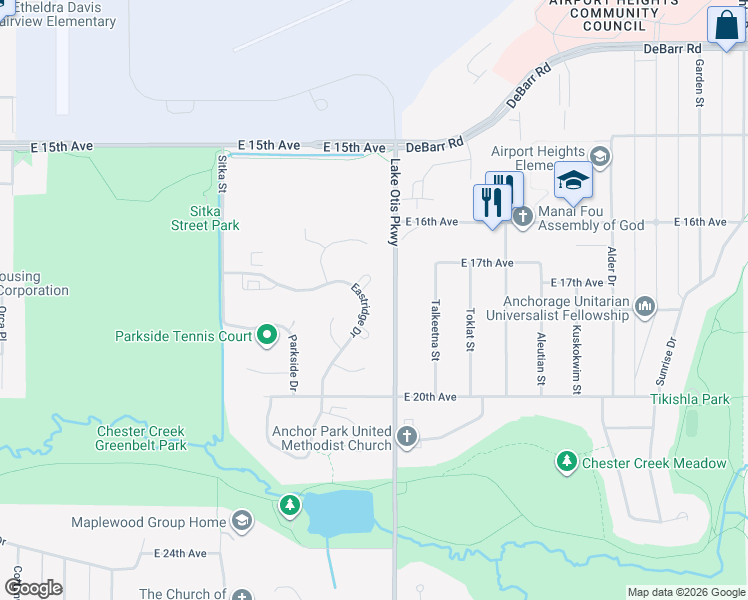 map of restaurants, bars, coffee shops, grocery stores, and more near 1761 Eastridge Drive in Anchorage