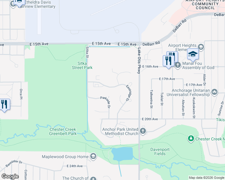 map of restaurants, bars, coffee shops, grocery stores, and more near 1700 Eastridge Drive in Anchorage