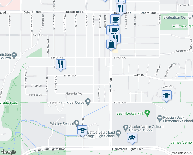 map of restaurants, bars, coffee shops, grocery stores, and more near 1803 Norene Street in Anchorage
