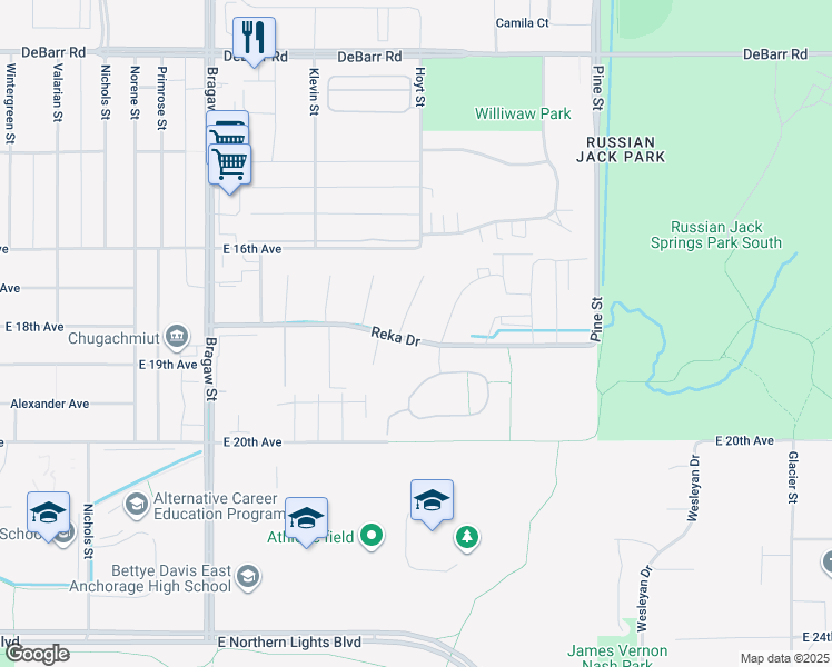 map of restaurants, bars, coffee shops, grocery stores, and more near 4276 Reka Drive in Anchorage