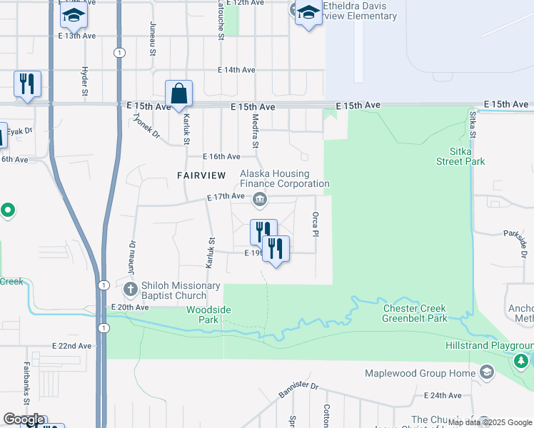 map of restaurants, bars, coffee shops, grocery stores, and more near 1280 East 17th Avenue in Anchorage
