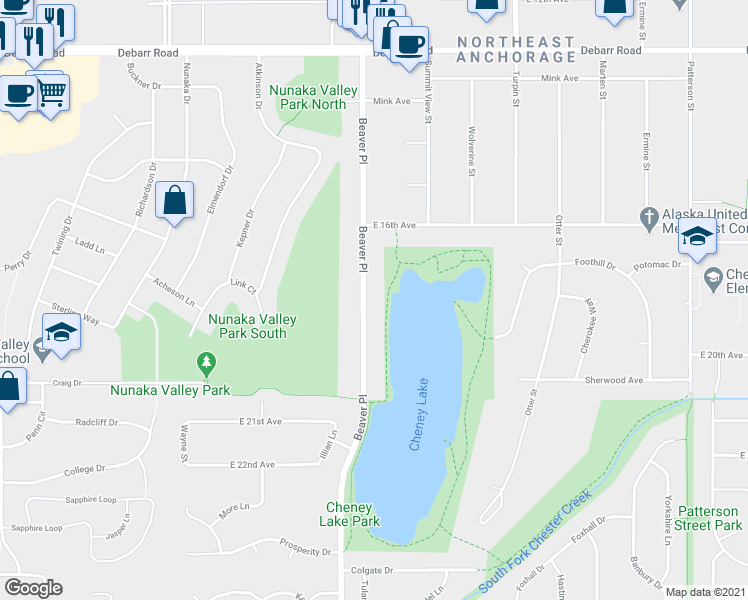 map of restaurants, bars, coffee shops, grocery stores, and more near 1731 Beaver Place in Anchorage