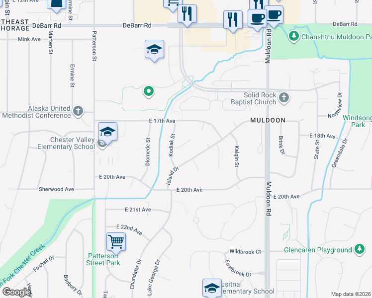map of restaurants, bars, coffee shops, grocery stores, and more near 7520 Beluga Circle in Anchorage