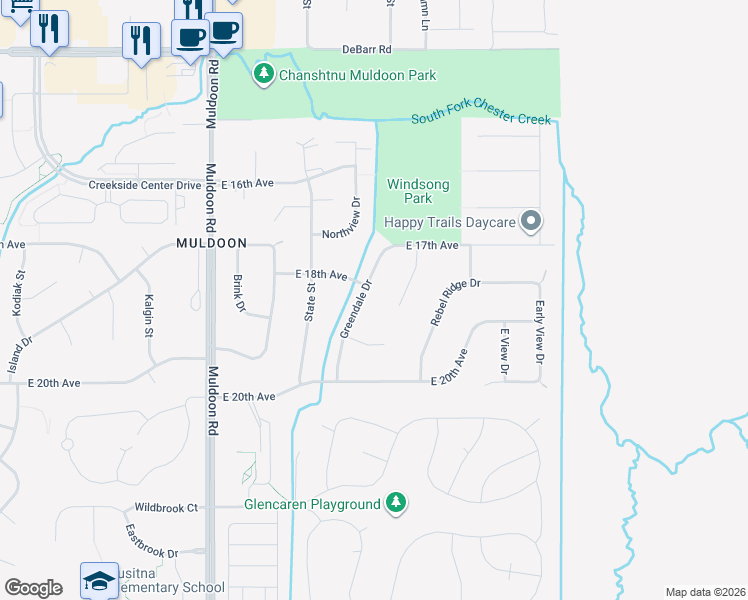 map of restaurants, bars, coffee shops, grocery stores, and more near 1811 Greendale Drive in Anchorage