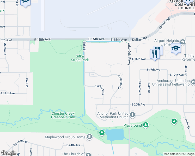 map of restaurants, bars, coffee shops, grocery stores, and more near 1600 Eastridge Drive in Anchorage