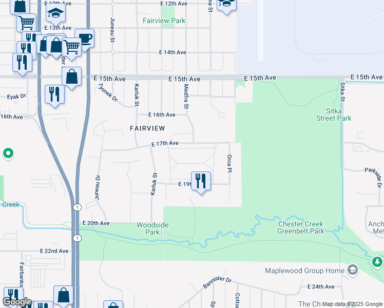map of restaurants, bars, coffee shops, grocery stores, and more near 1280 East 17th Avenue in Anchorage