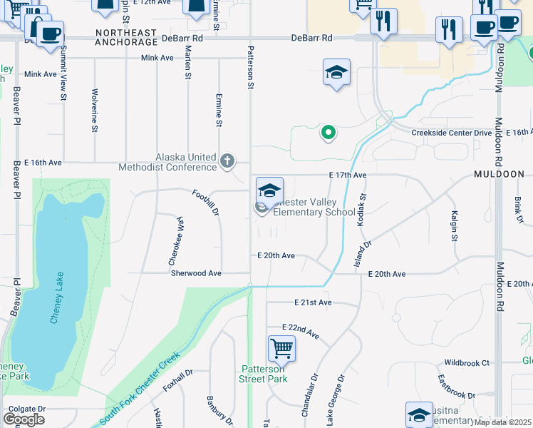 map of restaurants, bars, coffee shops, grocery stores, and more near 1751 Patterson Street in Anchorage