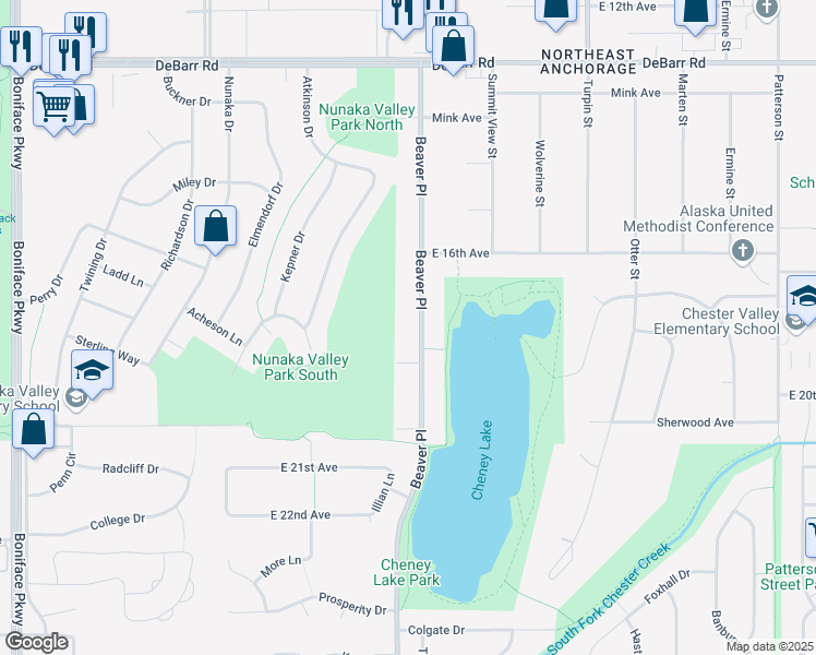 map of restaurants, bars, coffee shops, grocery stores, and more near 1730 Beaver Place in Anchorage