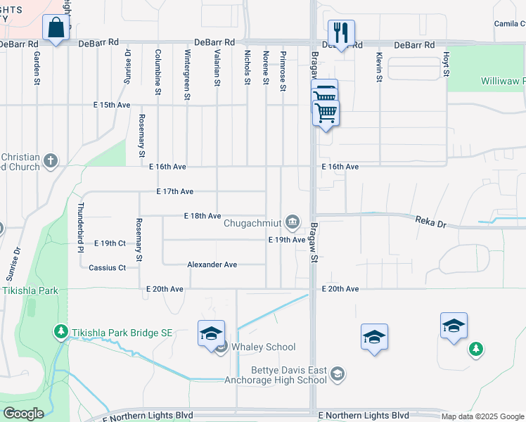 map of restaurants, bars, coffee shops, grocery stores, and more near 1803 Norene Street in Anchorage