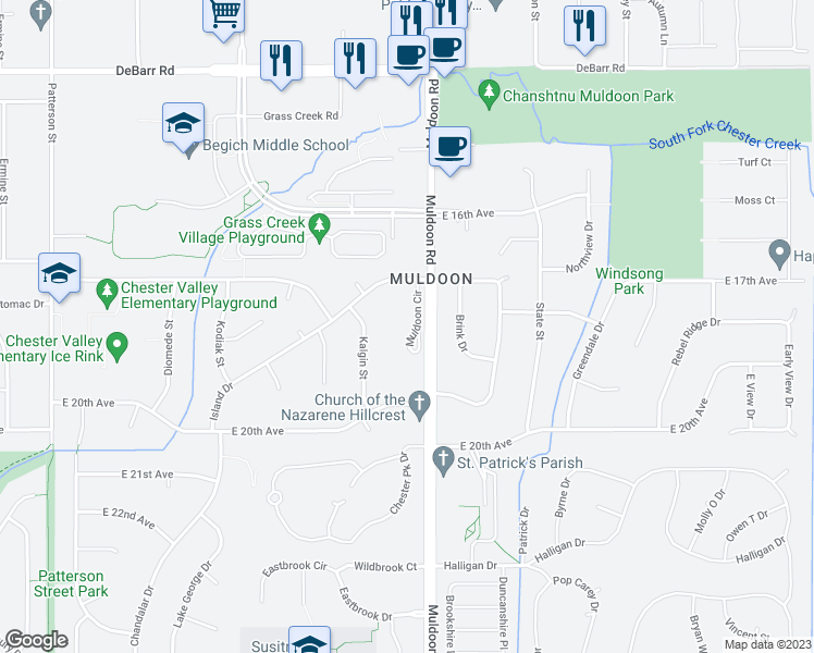 map of restaurants, bars, coffee shops, grocery stores, and more near 1730 Muldoon Circle in Anchorage