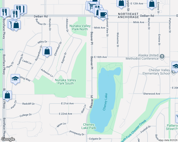 map of restaurants, bars, coffee shops, grocery stores, and more near 1730 Beaver Place in Anchorage