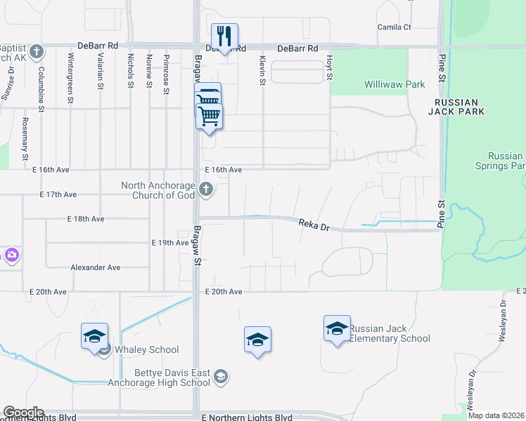 map of restaurants, bars, coffee shops, grocery stores, and more near 4008 Reka Drive in Anchorage