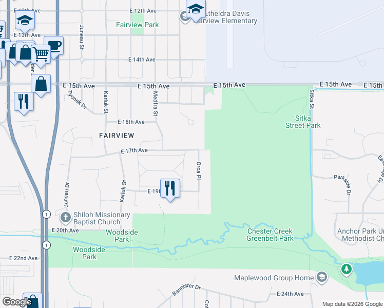 map of restaurants, bars, coffee shops, grocery stores, and more near 1730 Orca Place in Anchorage