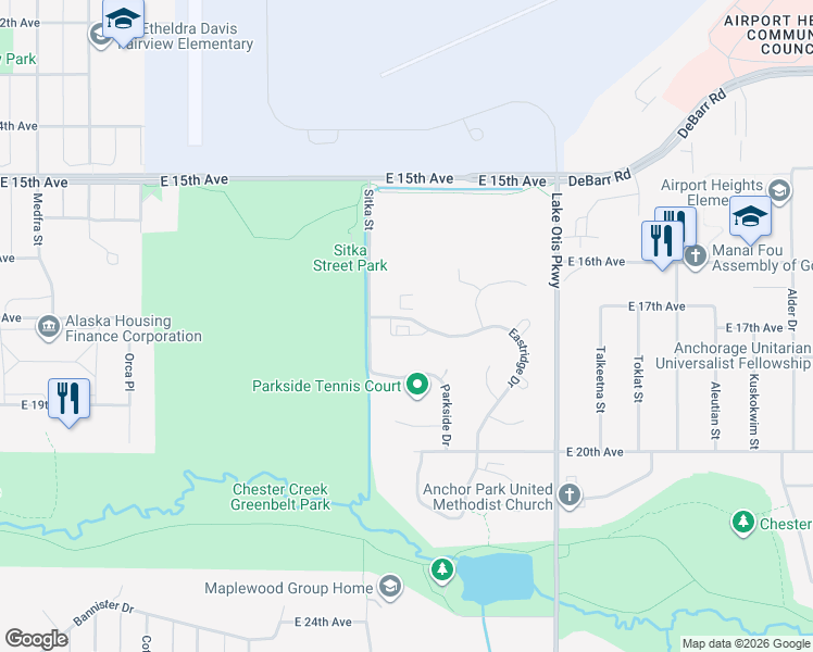 map of restaurants, bars, coffee shops, grocery stores, and more near 1600 Eastridge Drive in Anchorage