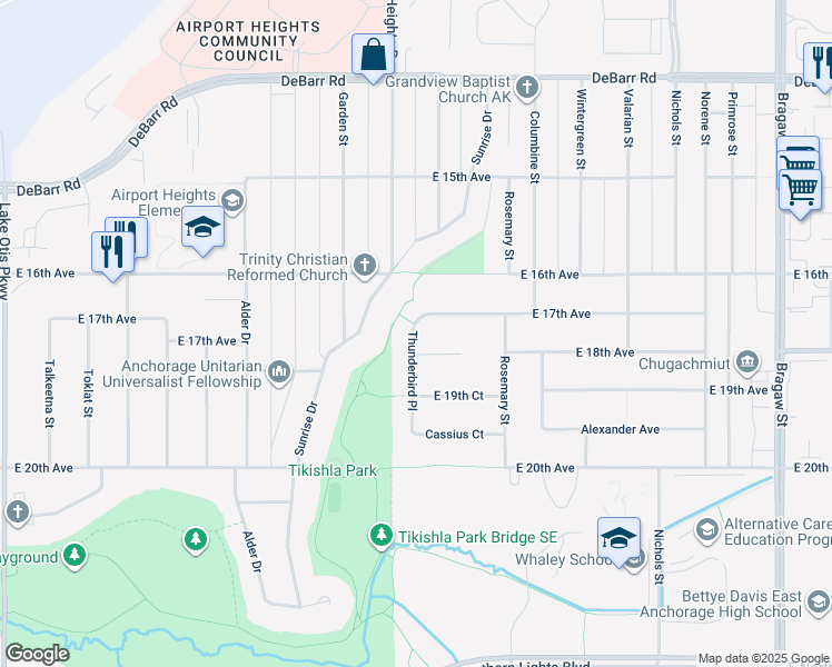 map of restaurants, bars, coffee shops, grocery stores, and more near 1816 Thunderbird Place in Anchorage