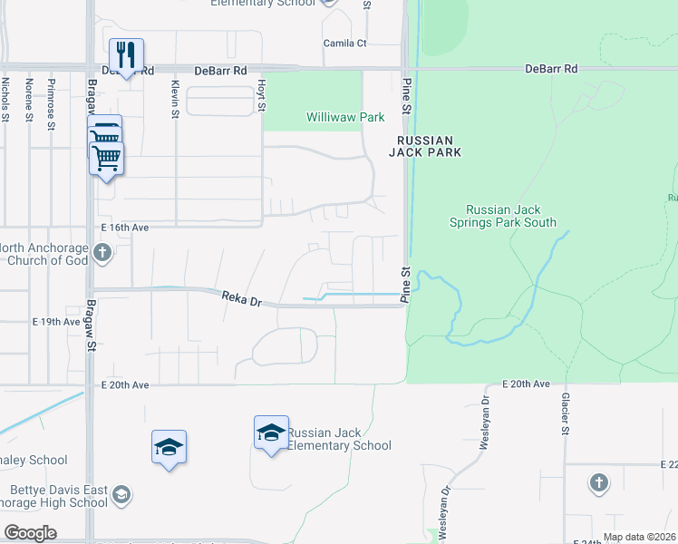 map of restaurants, bars, coffee shops, grocery stores, and more near 4545 Reka Drive in Anchorage