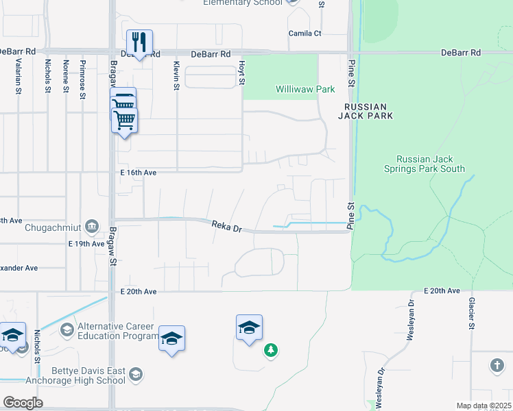 map of restaurants, bars, coffee shops, grocery stores, and more near 4368 Reka Drive in Anchorage