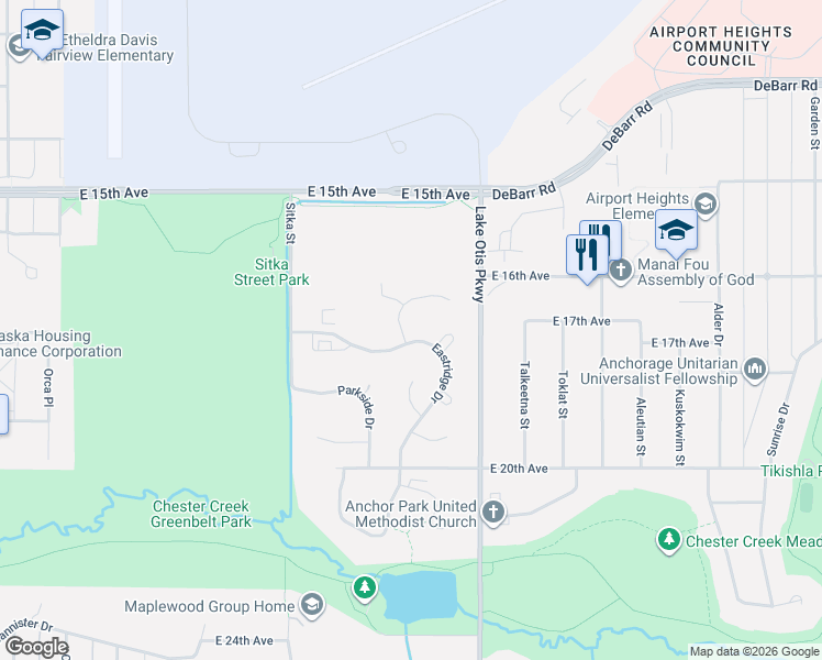 map of restaurants, bars, coffee shops, grocery stores, and more near 1730 Eastridge Drive in Anchorage
