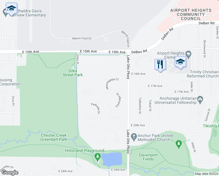 map of restaurants, bars, coffee shops, grocery stores, and more near 1783 Morningtide Court in Anchorage