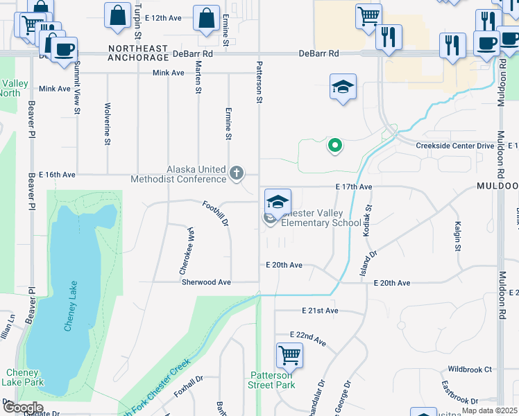 map of restaurants, bars, coffee shops, grocery stores, and more near 1751 Patterson Street in Anchorage