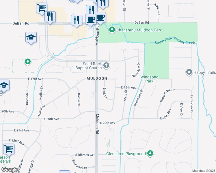 map of restaurants, bars, coffee shops, grocery stores, and more near 1840 Brink Drive in Anchorage