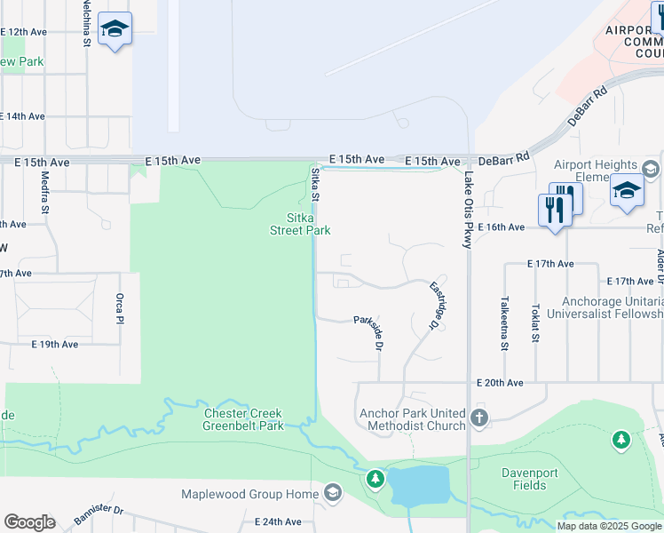 map of restaurants, bars, coffee shops, grocery stores, and more near 1610 Eastridge Drive in Anchorage