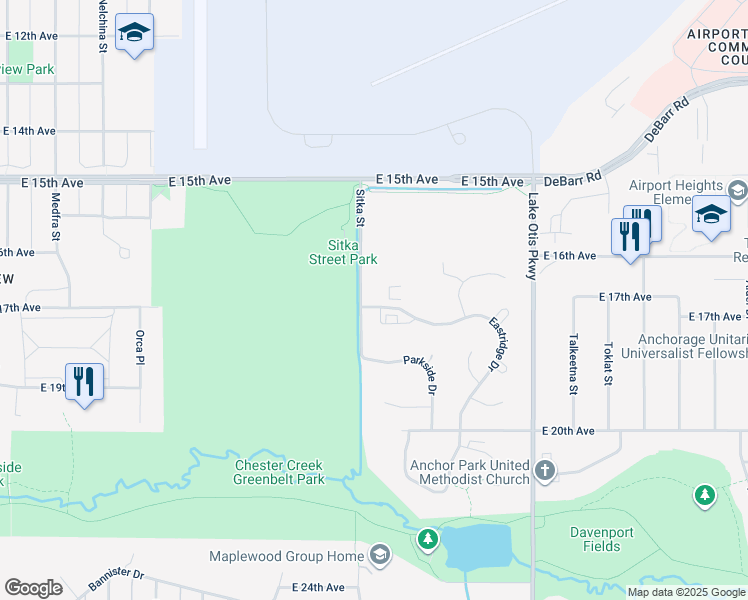 map of restaurants, bars, coffee shops, grocery stores, and more near 1610 Eastridge Drive in Anchorage