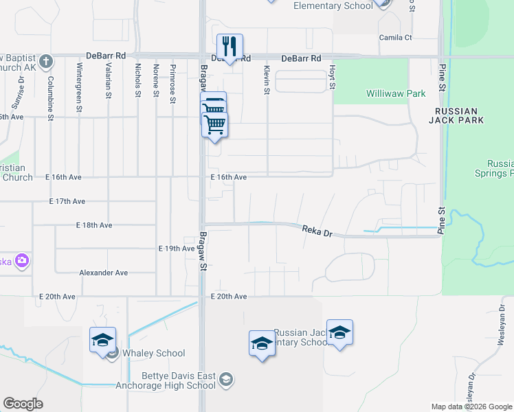 map of restaurants, bars, coffee shops, grocery stores, and more near 4008 Reka Drive in Anchorage
