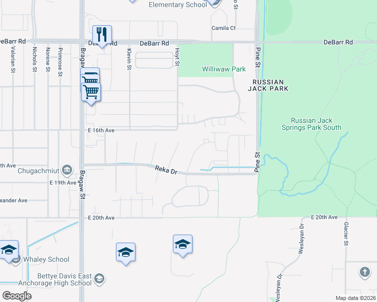 map of restaurants, bars, coffee shops, grocery stores, and more near 1704 Russian Jack Drive in Anchorage