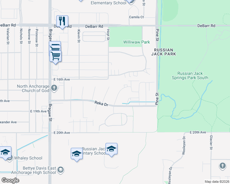 map of restaurants, bars, coffee shops, grocery stores, and more near 4368 Reka Drive in Anchorage