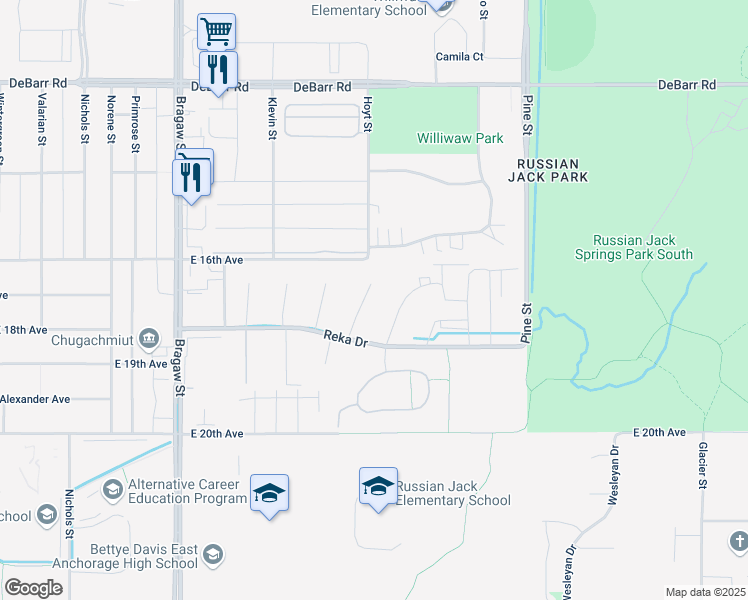 map of restaurants, bars, coffee shops, grocery stores, and more near 1635 Dolina Circle in Anchorage