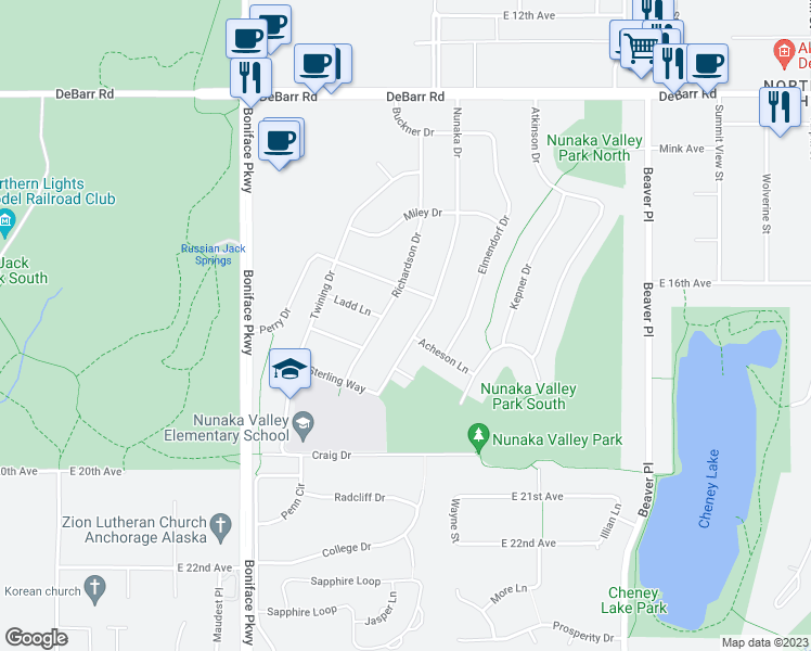 map of restaurants, bars, coffee shops, grocery stores, and more near 5901 Perry Drive in Anchorage