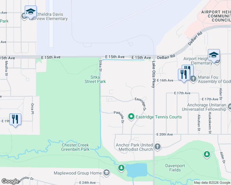 map of restaurants, bars, coffee shops, grocery stores, and more near 1675 Sitka Street in Anchorage