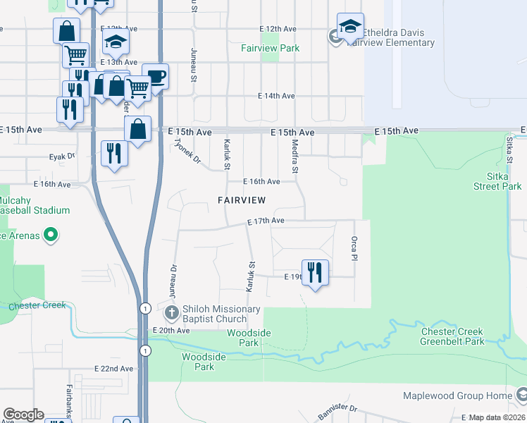 map of restaurants, bars, coffee shops, grocery stores, and more near 1210 East 16th Avenue in Anchorage