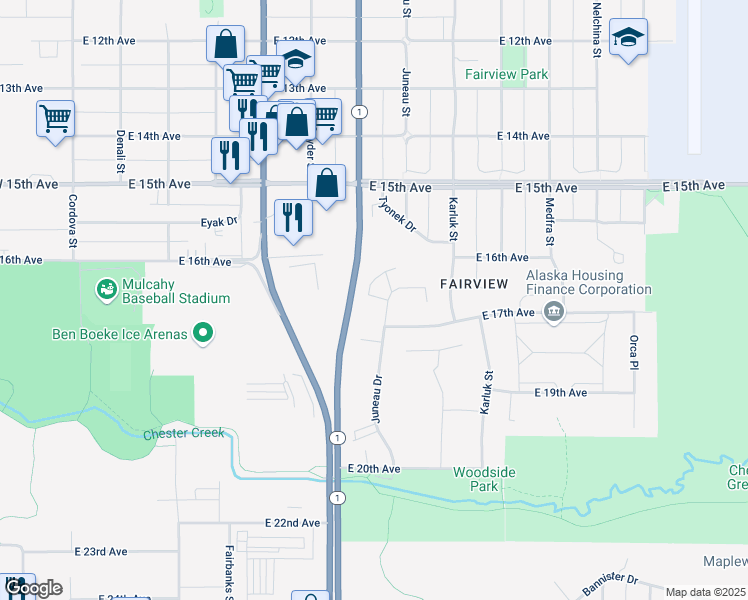 map of restaurants, bars, coffee shops, grocery stores, and more near 930 Tyonek Drive in Anchorage