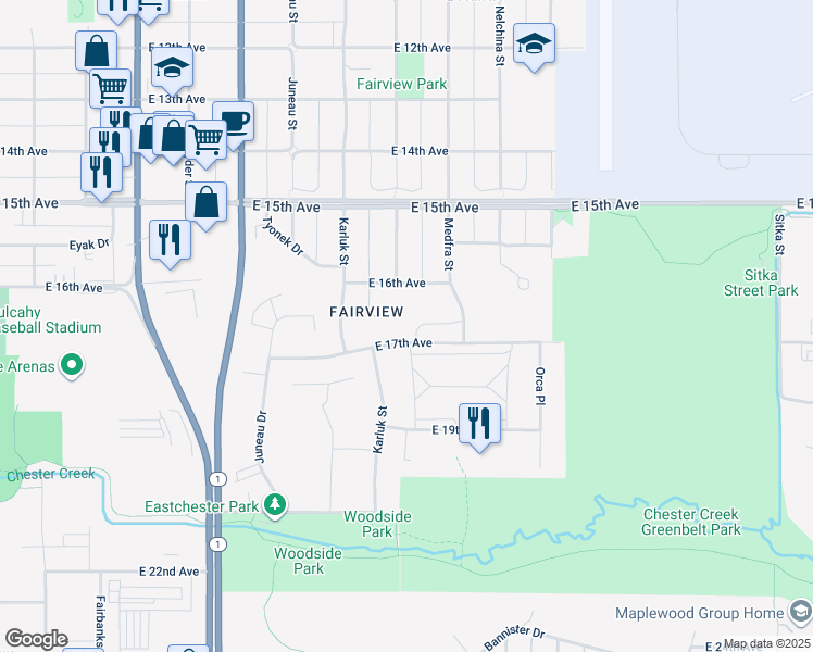 map of restaurants, bars, coffee shops, grocery stores, and more near 1215 Elegante Lane in Anchorage