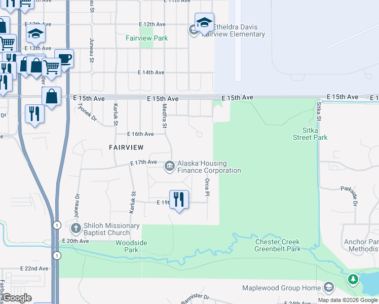 map of restaurants, bars, coffee shops, grocery stores, and more near 1581 West 16th Avenue in Anchorage
