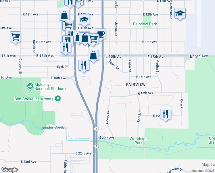 map of restaurants, bars, coffee shops, grocery stores, and more near 930 Tyonek Drive in Anchorage