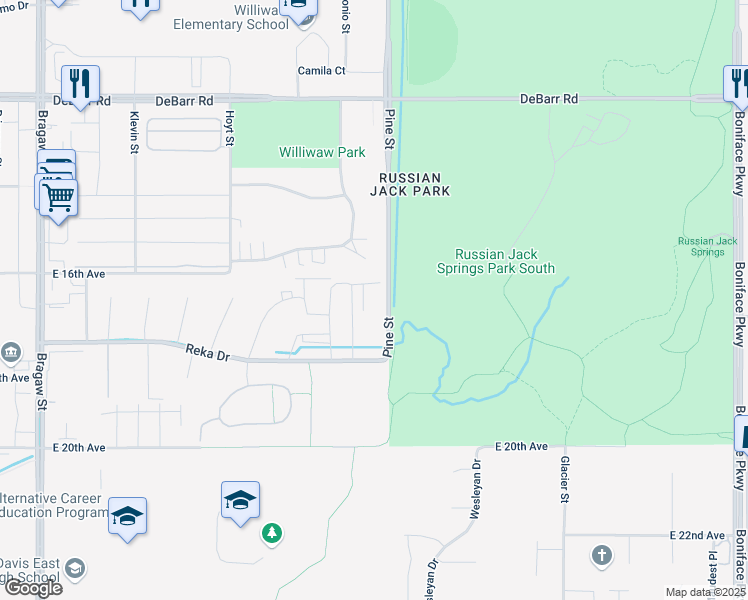 map of restaurants, bars, coffee shops, grocery stores, and more near 1500 Russian Jack Drive in Anchorage