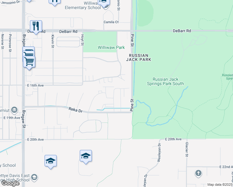 map of restaurants, bars, coffee shops, grocery stores, and more near 1540 Russian Jack Drive in Anchorage