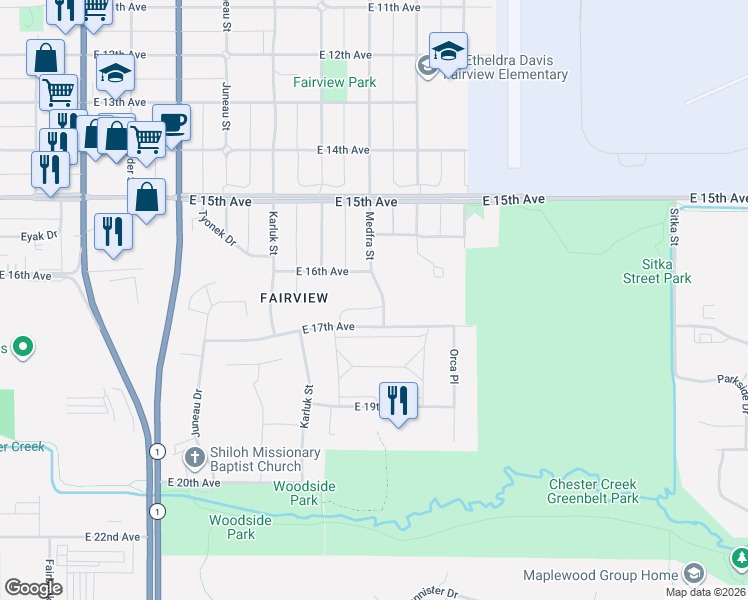 map of restaurants, bars, coffee shops, grocery stores, and more near 1616 Medfra Street in Anchorage