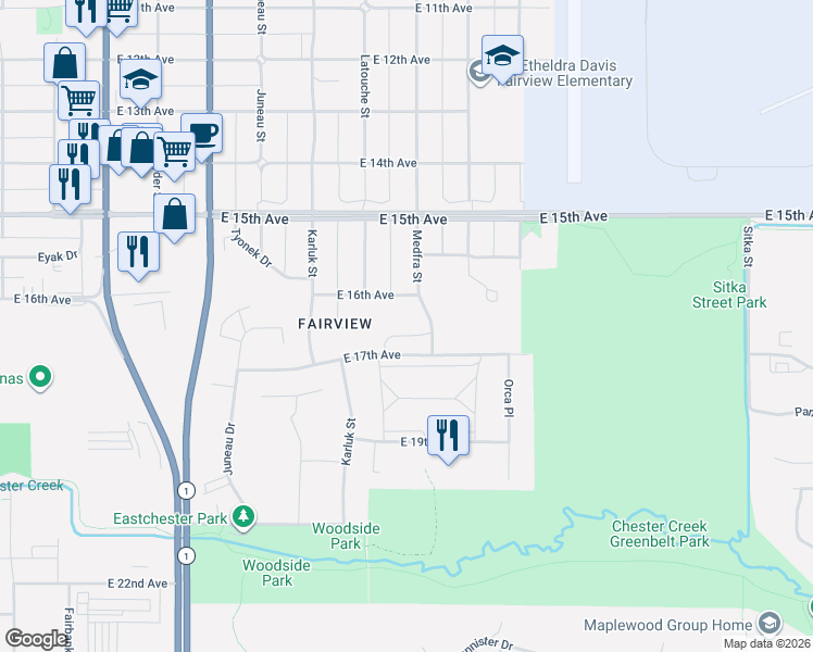 map of restaurants, bars, coffee shops, grocery stores, and more near 1616 Medfra Street in Anchorage