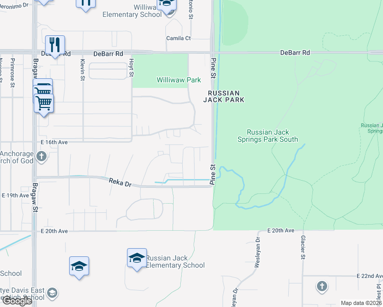 map of restaurants, bars, coffee shops, grocery stores, and more near 54 Malaspina Mobile Home Park Loop in Anchorage