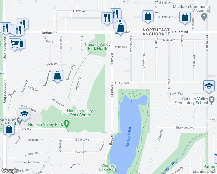 map of restaurants, bars, coffee shops, grocery stores, and more near 1600 Beaver Place in Anchorage