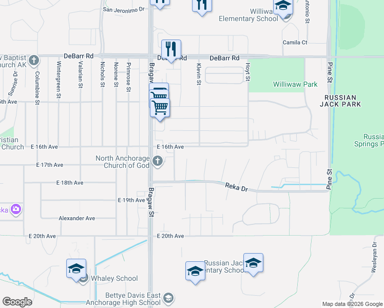 map of restaurants, bars, coffee shops, grocery stores, and more near 613 Katrina Circle in Anchorage