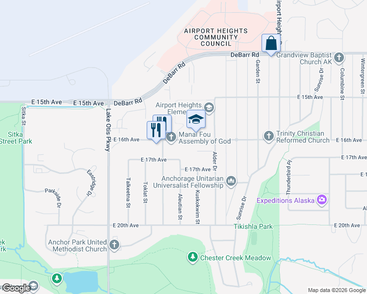 map of restaurants, bars, coffee shops, grocery stores, and more near 2630 E 16th Ave in Anchorage