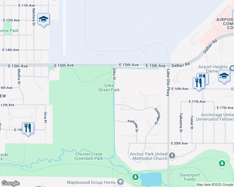 map of restaurants, bars, coffee shops, grocery stores, and more near 1625 Sitka Street in Anchorage