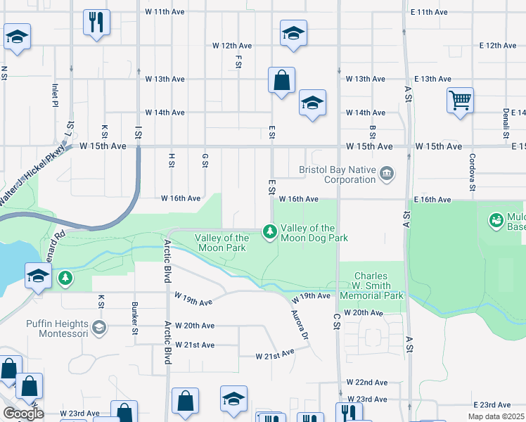 map of restaurants, bars, coffee shops, grocery stores, and more near 1604 E Street in Anchorage